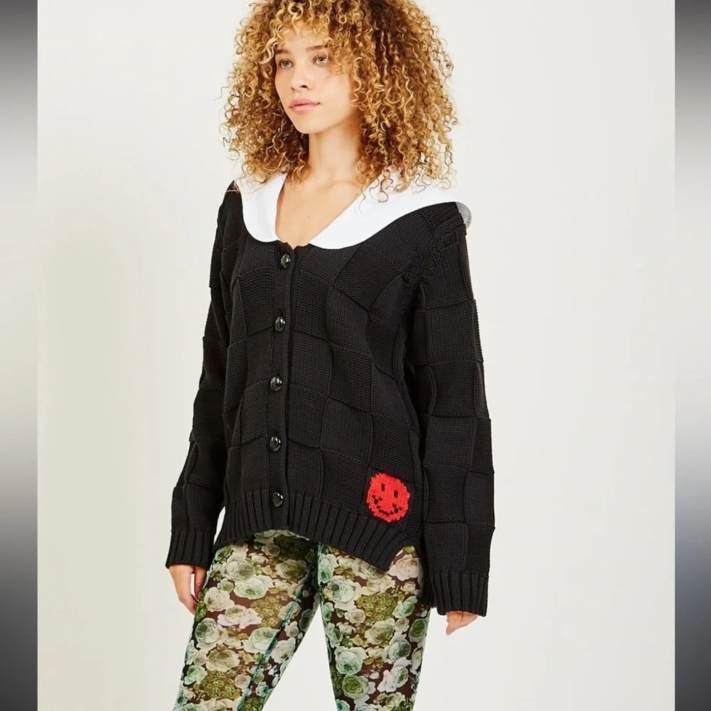 Ganni Women’s Poplin Collar Smiley Cardigan in Black. Size small
